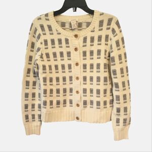 Sundance Button Up Cardigan Grey Cream Medium Block Print Cashmere Blend Wool